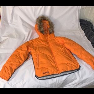 Columbia women’s orange down jacket; medium